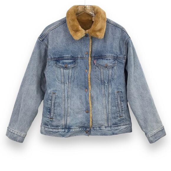 Levi's Original Oversized Reversible Faux Fur Denim Trucker Jacket M Blue NWT - Picture 1 of 9
